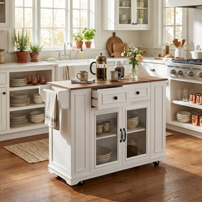 Îlot de cuisine de 54,9 po avec abattant 2 armoires, prise de courant et tablettes ouvertes, chariot de cuisine avec porte-serviettes, support à épices et porte-couteaux, chariot de rangement pour la cuisine, la salle à manger