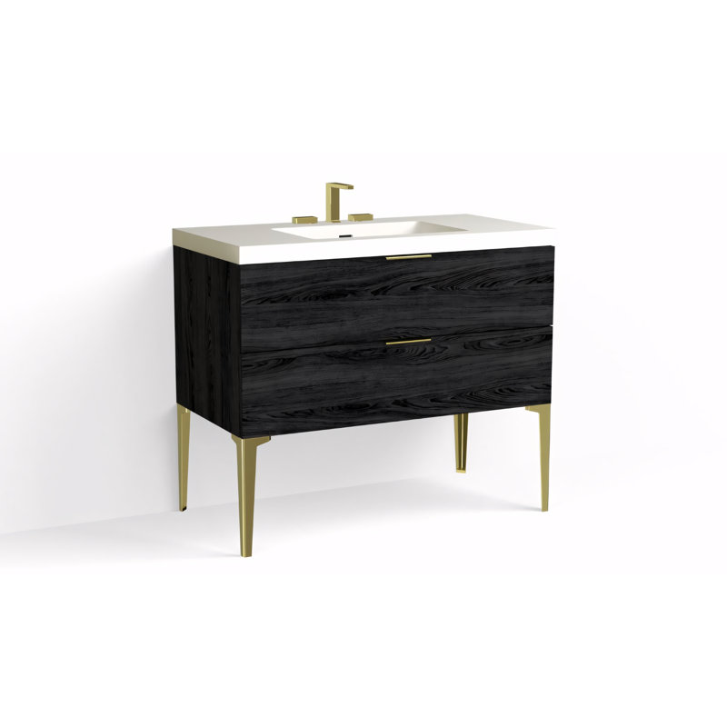 Avila 42" W Freestanding Single Bathroom Vanity with Dean Leg, Matte White/8" Widespread, Charred, Satin Brass