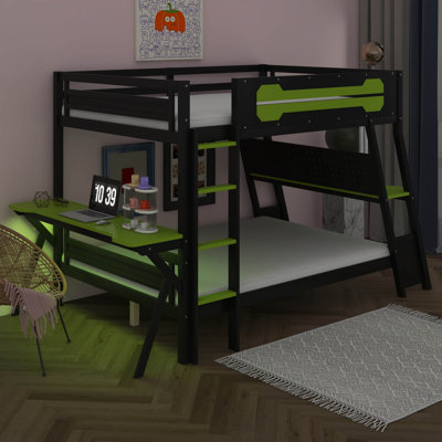 Lit superposé double avec 2 bureaux intégrés, ports USB pour bureau et panneau perforé, cadre en bois pour 2 enfants, adolescents, adultes