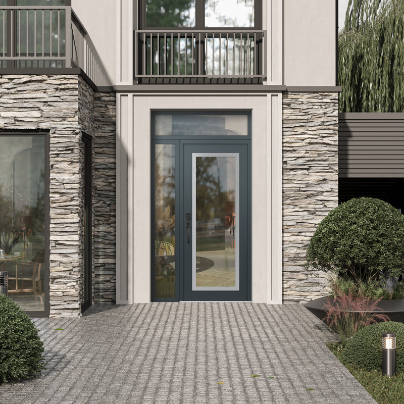 Clé droite 52 po X 96 po Panneau en acier argenté anthracite et verre transparent anthracite avec porte d'entrée pré-montée en verre Sidelite