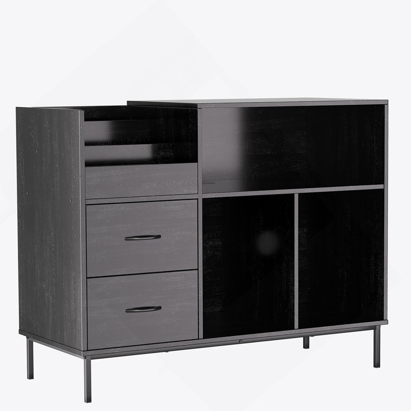 Eco-Friendly Record Player Stand With Flip-Top - Wood Vinyl Storage Cabinet With 2-Outlet Power Strip, Drawers & Dustproof Cubbies, Media Console For Living Room/Study, Black