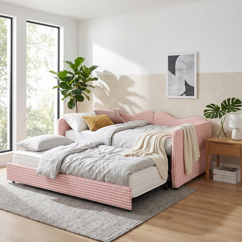 Lit de jour double avec lit gigogne escamotable, canapé-lit en vichy rembourré avec poche de rangement latérale, structure en bois massif, lit de jour multifonctionnel 3 en 1 pour chambre à coucher, chambre d'amis