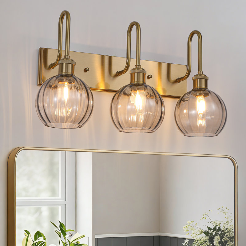 3-Light Dimmable Sphere Globe Ribbed Glass Bathroom Vanity Light, Brushed Gold