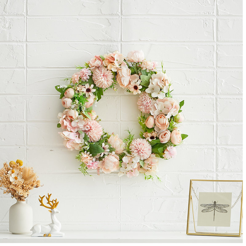 Handcrafted Faux Peony Polyester 38cm Wreath, Pink