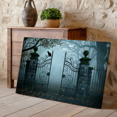 Canvas A Mysterious Gothic Scene Featuring An Ornate Wrought Iron Gate Wall Art Intricately Designed With Swirling Patterns And Topped Canvas Wall Art