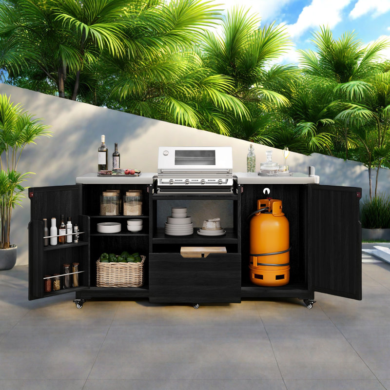 Îlot de cuisine extérieur avec plateau en acier inoxydable, tiroir et 2 armoires