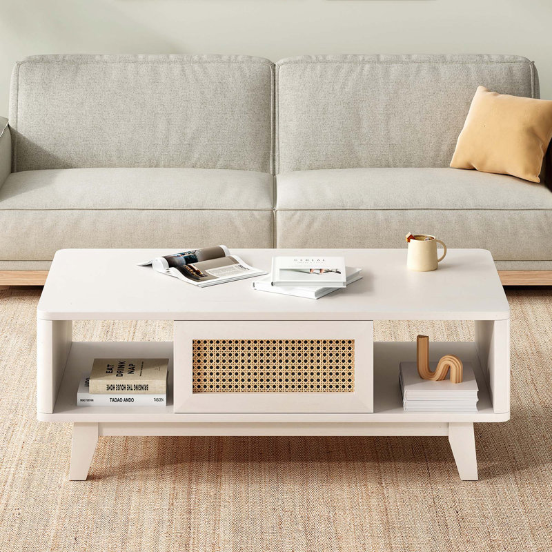 Table basse avec rangement et tiroir en rotin, pieds en bois massif, Blanc