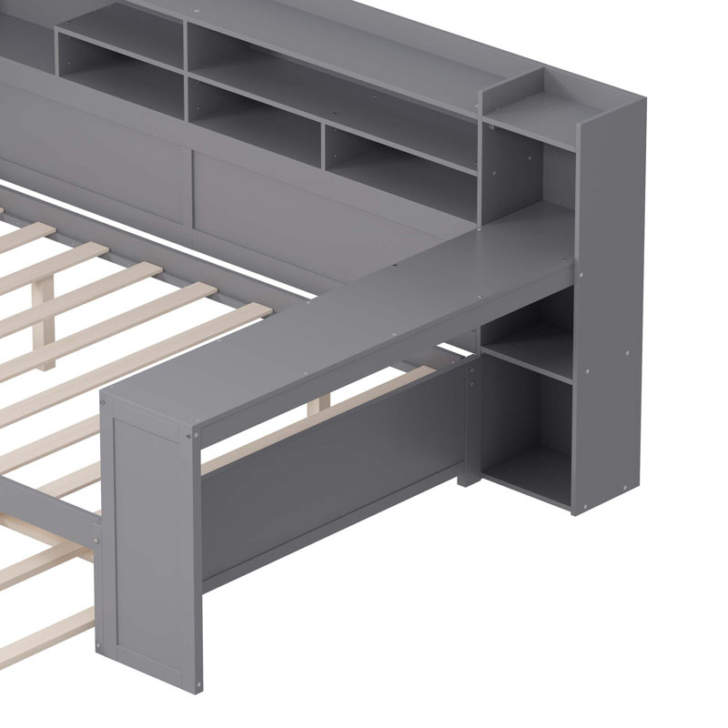 Lit de jour en bois avec tablettes de rangement, lit multifonctionnel avec lit gigogne simple et bureau, Lit double