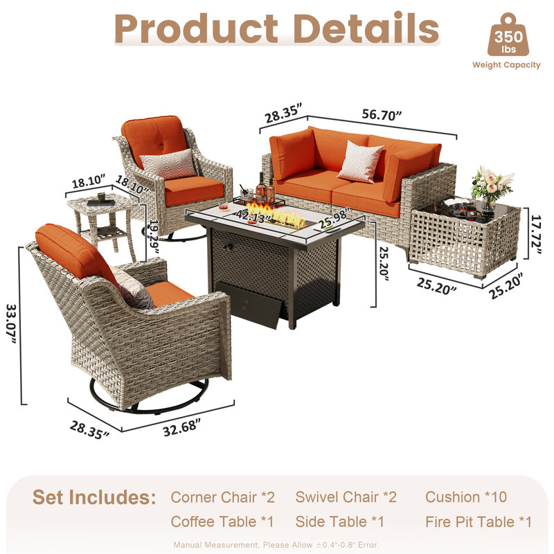 High Density Pe Cane Outdoor Sofa With Stove And Swivel Chair, Orange Stripe