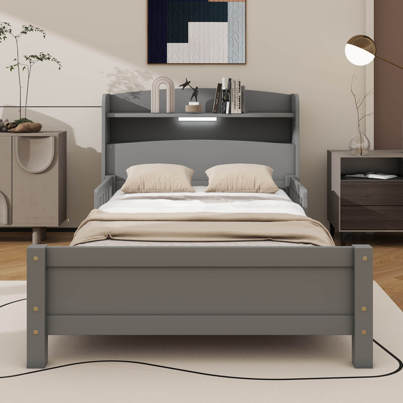Lit plateforme avec tête de lit bibliothèque et capteur, Grey, Simple