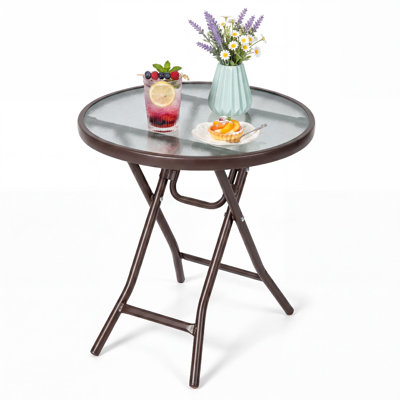 Table basse ronde d'appoint de 45,7 cm (18 po) avec dessus en verre trempé pour terrasse, couleur marron.