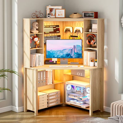35"× 35" - Pentagonal Corner Computer Desk With Power Outlets, Adjustable Led Lighting, Perforated Back Panel Design