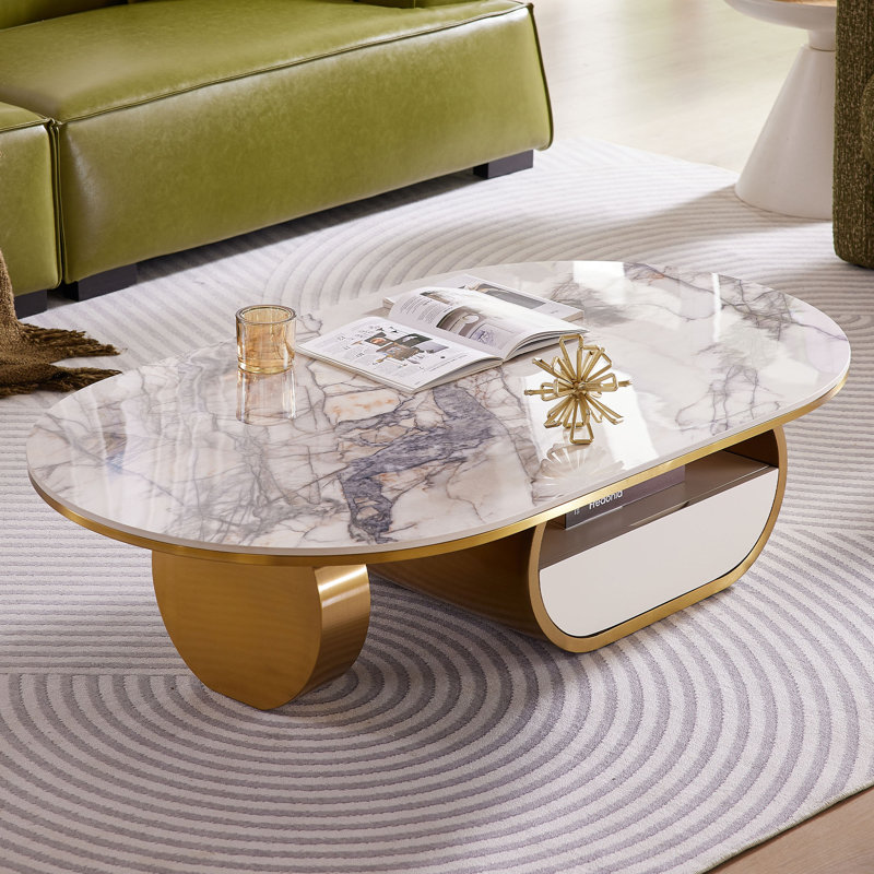 Courtlandt 55.2" Oval Faux Marble Coffee Table with Storage Drawer, Marble Beige/Gold