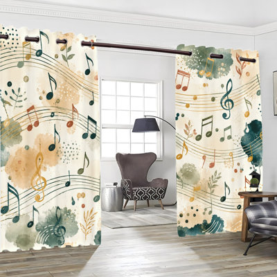 2PCS Grommet Top Musical Note Pattern Polyester Printed Curtain Drapes, Thermal Insulated Noise Reducing Blackout Room Darkening Artistic Curtains with Privacy Protection, Indoor Window Panels for Bedroom Living Room Kitchen Home Decor