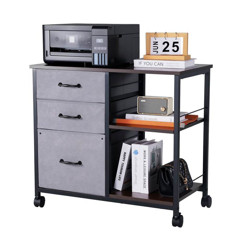 Mobile Metal File Cabinet with 3 Fabric Drawers and 2 Open Shelves , Brown