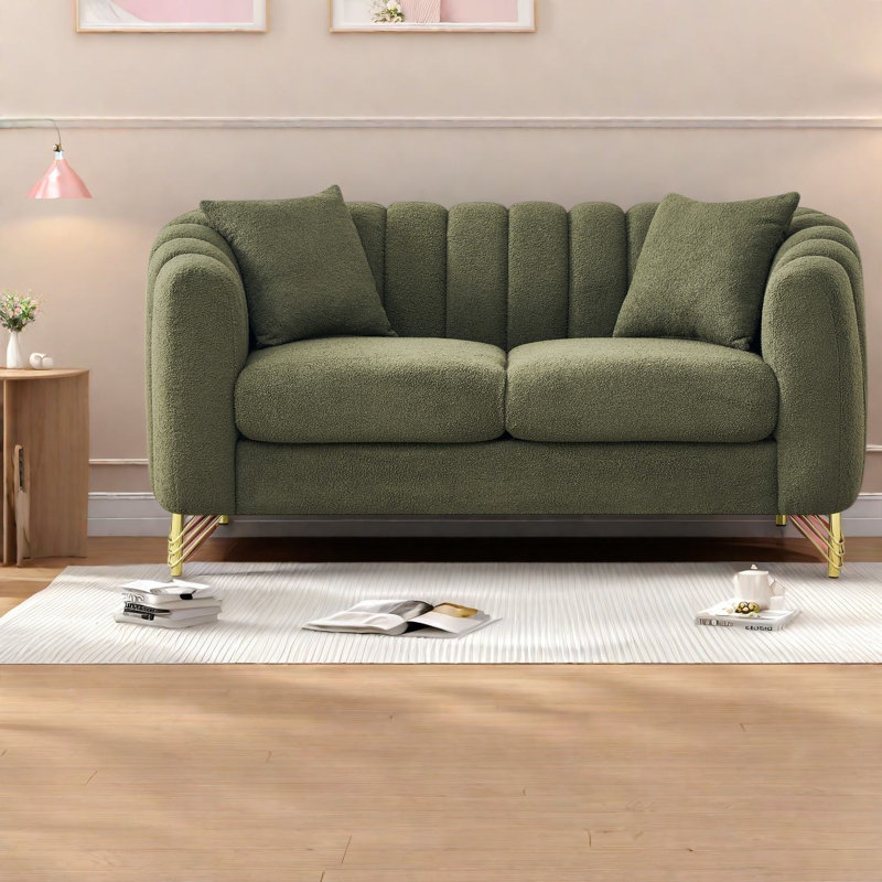 Canapé deux places Teddy de 2,5 cm, canapé vert avec pattes en métal doré pour appartement ou maison