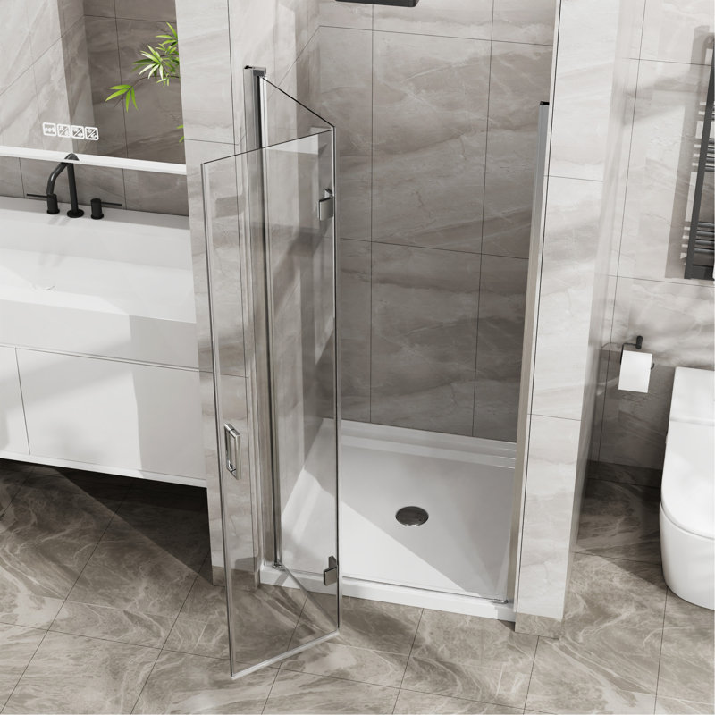 Porte de douche pliante en verre 34 po x 72 po pliable sans cadre en verre trempé 1/4 de pouce pliable, Chrome chrome