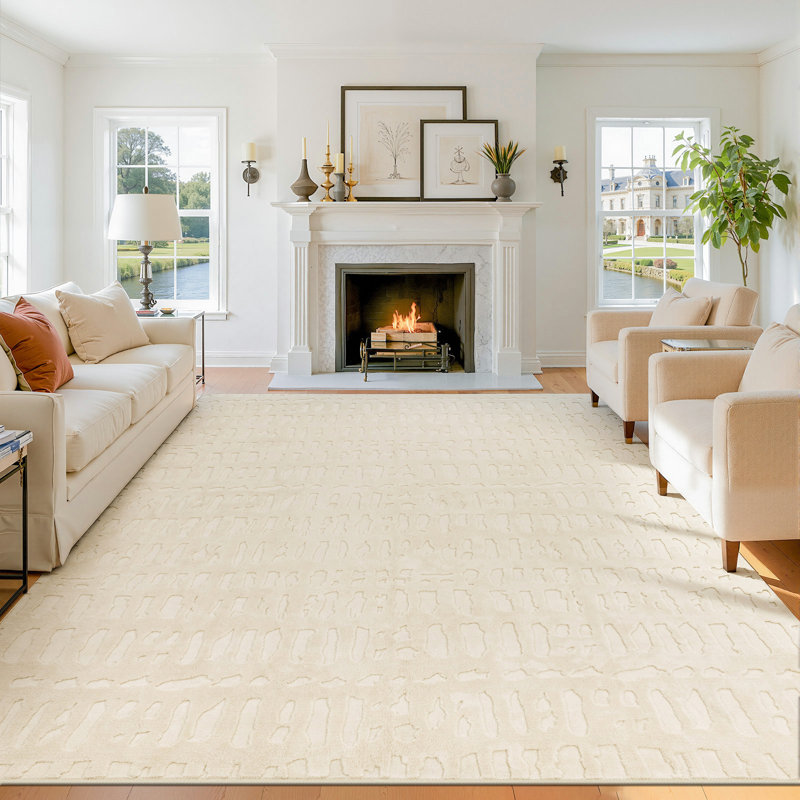 Modern Plush Velvet Carpet Washable Non-Slip Ivory Area Rug, Rectangle 9' x 12'