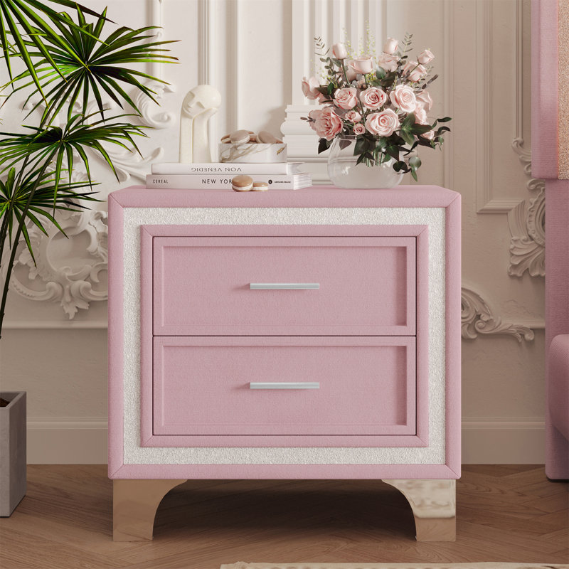 Table de chevet 2 tiroirs en velours 22 po, Rose