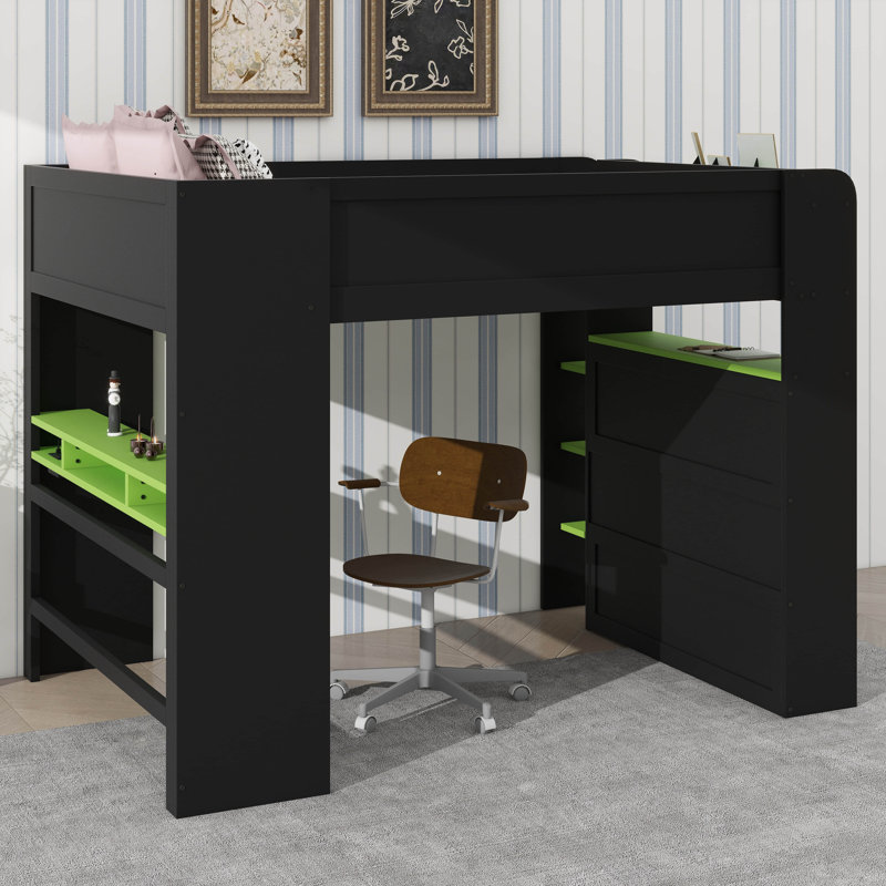 Full Size Wood Bunk Bed With Height-Adjustable Desk,Wardrobe,Ample Storage Space And RGB Light, Green