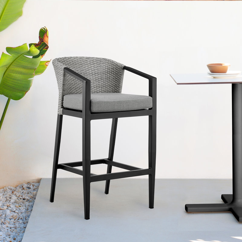 Abalone Outdoor Patio Barstool in Aluminum and Wicker with Grey Cushions, Bar Stool (30" Seat Height)