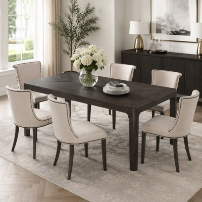 Rectangular Dining Table with Parquet-Style Top, Rounded Corners, and Adjustable Feet for Modern Interiors