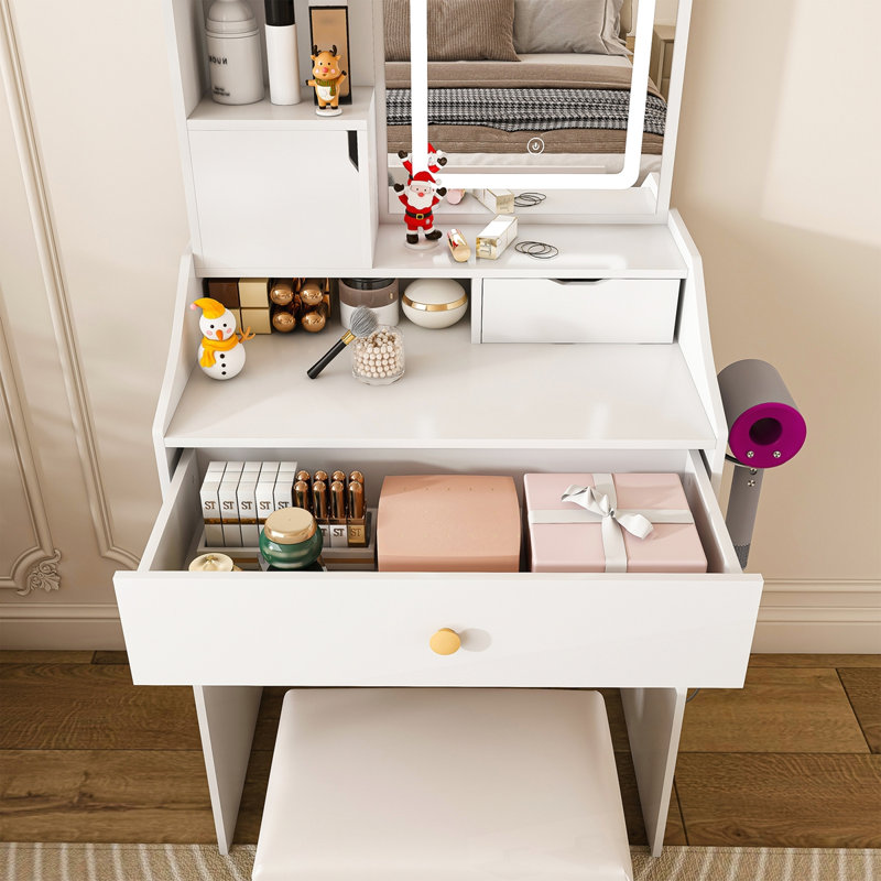 Vanity Desk with Mirror and Lights, Makeup Vanity Table with Charging Station & Hair Dryer Holder, Small Dressing Table with 2 Drawers, 5 Cabinets and Storage Stool, 3-Color Dimmable LED Mirror, White