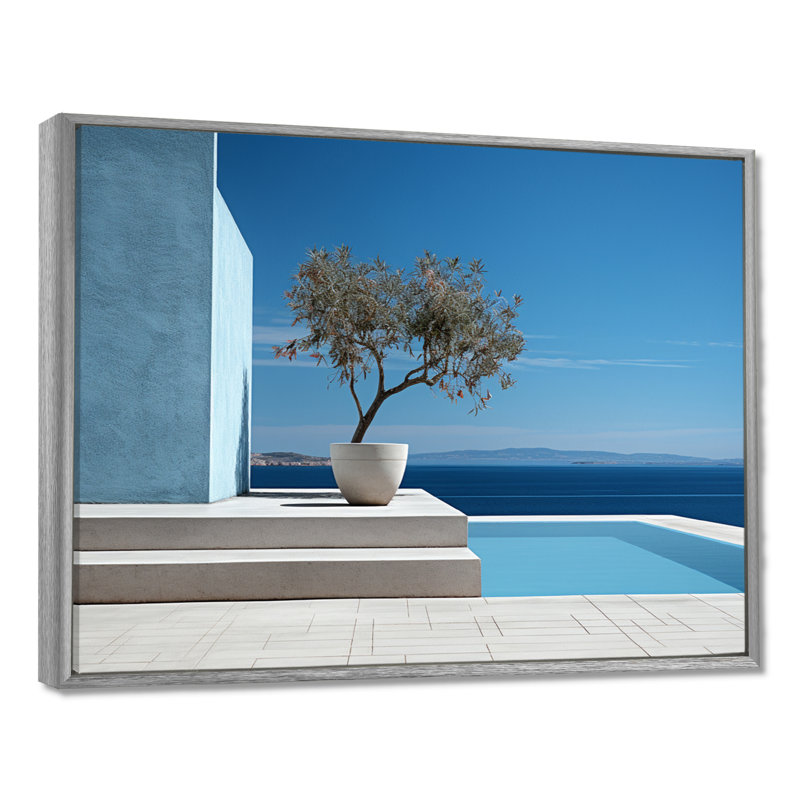 «Grèce Beach House Views Tranquility - Coastal Beach», art mural, H 16 po x l 32 po x P 1 po, Encadrement argenté