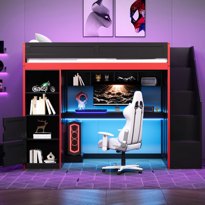 Lit mezzanine Gaming avec bureau, rangement et lumières à DEL - simple, noir, coffre de construction haute performance
