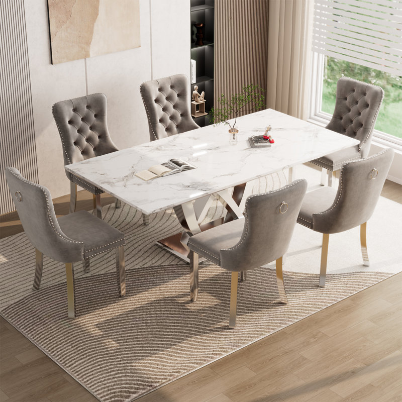 70" Faux Marble Dining Table Set for 6, with 6 Upholstered Chairs, Gray, Silver