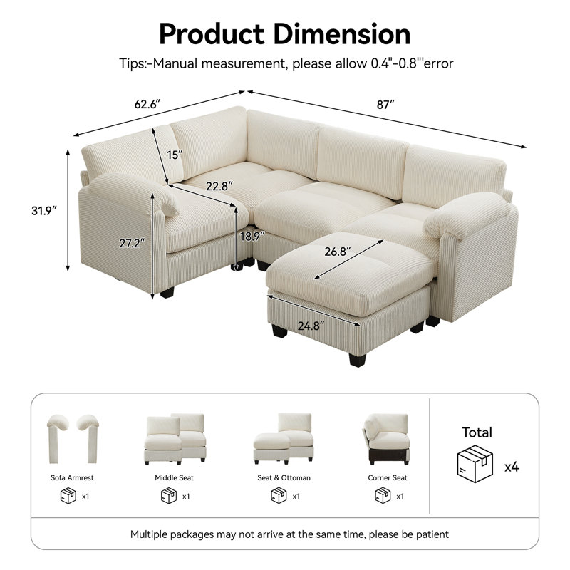 Canapé modulaire 5 places avec accoudoirs coussinés, Chenille beige, H 31,9 po x l 87 po x P 26,8 po