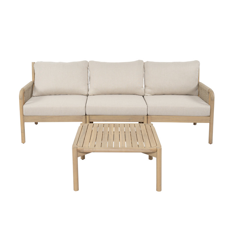 Casper Outdoor Acacia Wood Conversation Set with Coffee Table and Cushions, 3