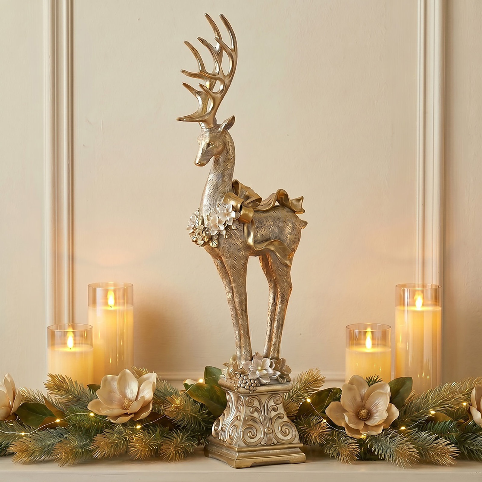 18" Resin Deer With Magnolia Garland Pedestal