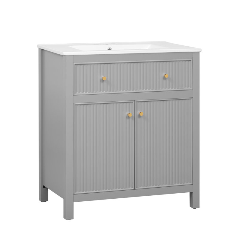 Meuble-lavabo de 30 po avec lavabo en céramique de style moderne, ton gris, bois massif et rangement dissimulé, moderne, gris, construction, planches, espace