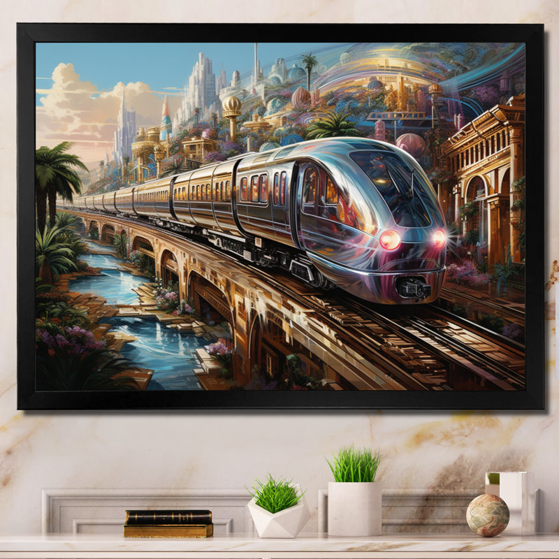 Abstract Colourful Train From The Future - Transportation Canvas Wall Art, H 16 po x l 32 po x P 1 po, Cadre photo noir