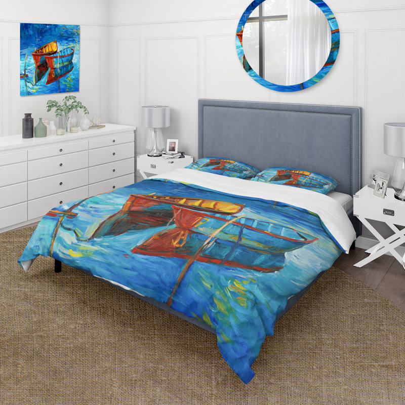 «Boat Pendant Evening Glow At The Lake III» - Ensemble de housse de couette nautique et côtier - Polyester en microfibre