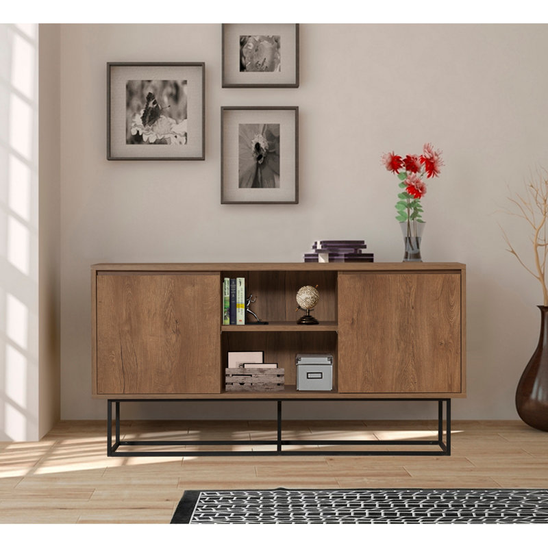 Modern Console Table with Metal Legs, Walnut & Black Finish, 55.1 x 28.3 x 14.2 inches | 100% Melamine Coated Particle Board, 0.7 inches Thick | Wall-Mountable Design, Multiple Shelves for Additional Storage