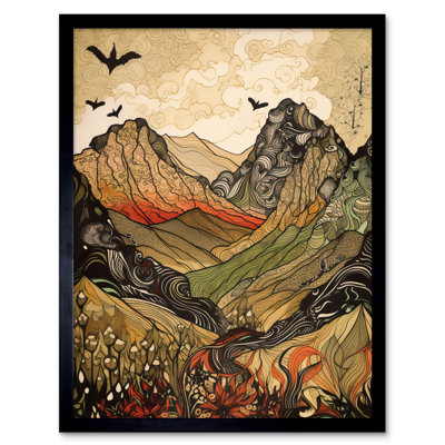 Aaronjit Mountain Landscape Multicoloured Pattern Linocut - Single Picture Frame Print