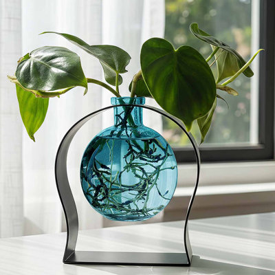 Vase de table en verre recyclé et support en métal arqué Diredra, capacité de 8,5 oz, bleu turquoise