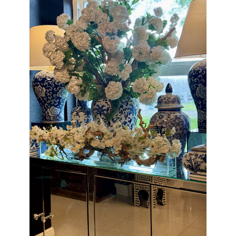 Cherry Blossoms In Glass Planter, 8" H x 38" W x 6" D