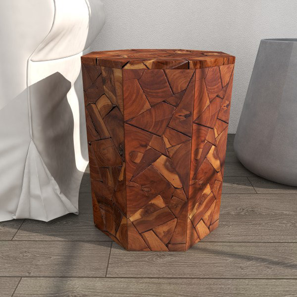 Kieran Teak Wood Handmade Octagon Geometric Side End Brown Accent Table with Mosaic Wood Chip Design