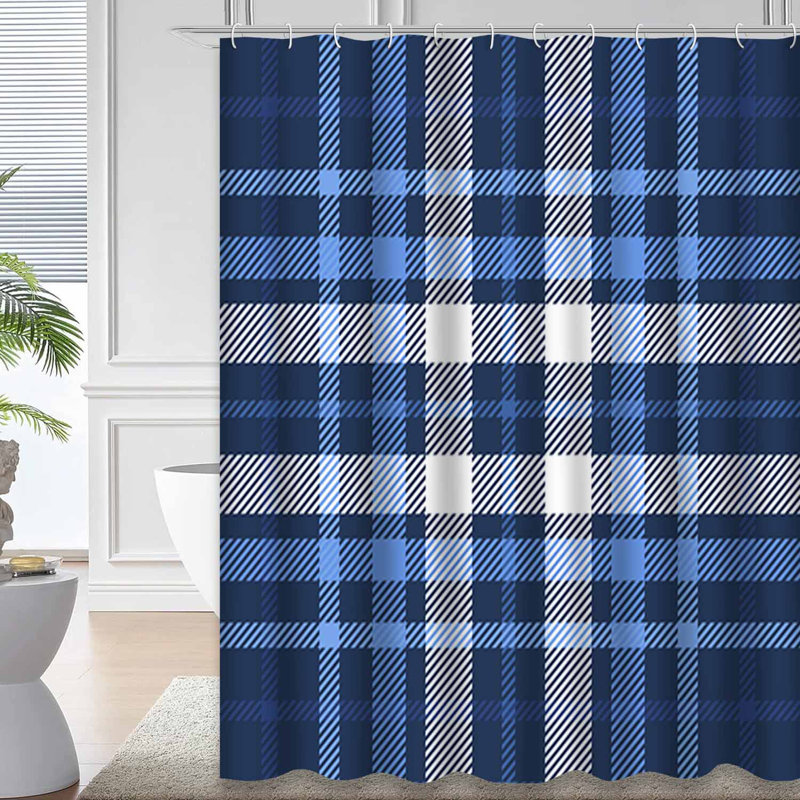 Plaid Check Dark Navy White Blue Shower Curtain with 12 Hooks, 72" L x 72" W