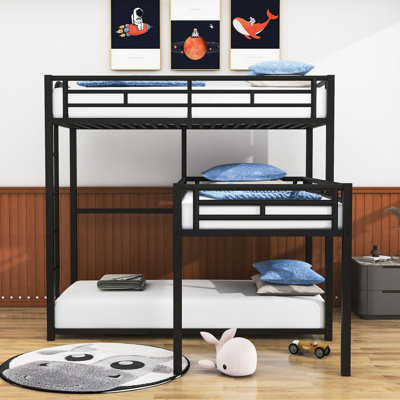 L-Shaped Metal Bunk Bed,Twin Over Twin Over Twin Size Bunk Bed