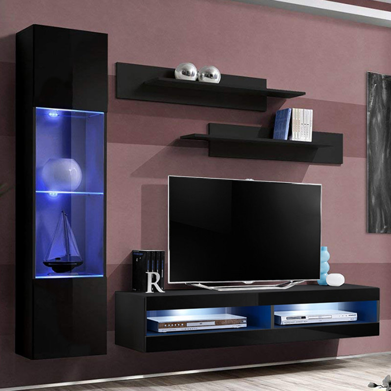 Liddell 85" Modern Floating Wall Mounted Entertainment Center with 16-Color LED Lighting, High Gloss Finish, Black