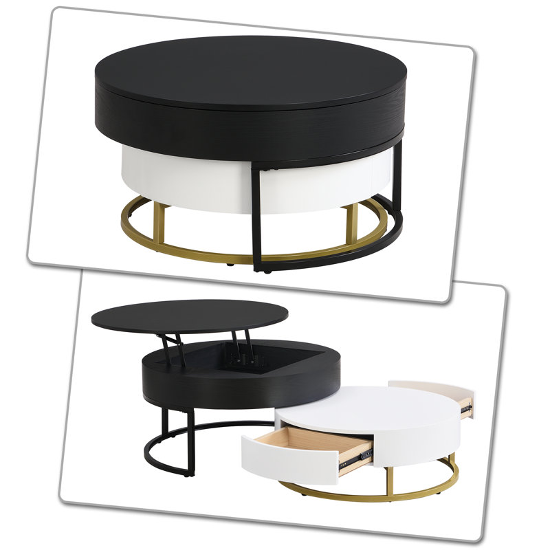 Minimalist Nesting Liftable Coffee Table with Drawers for Living Room, Black, Black