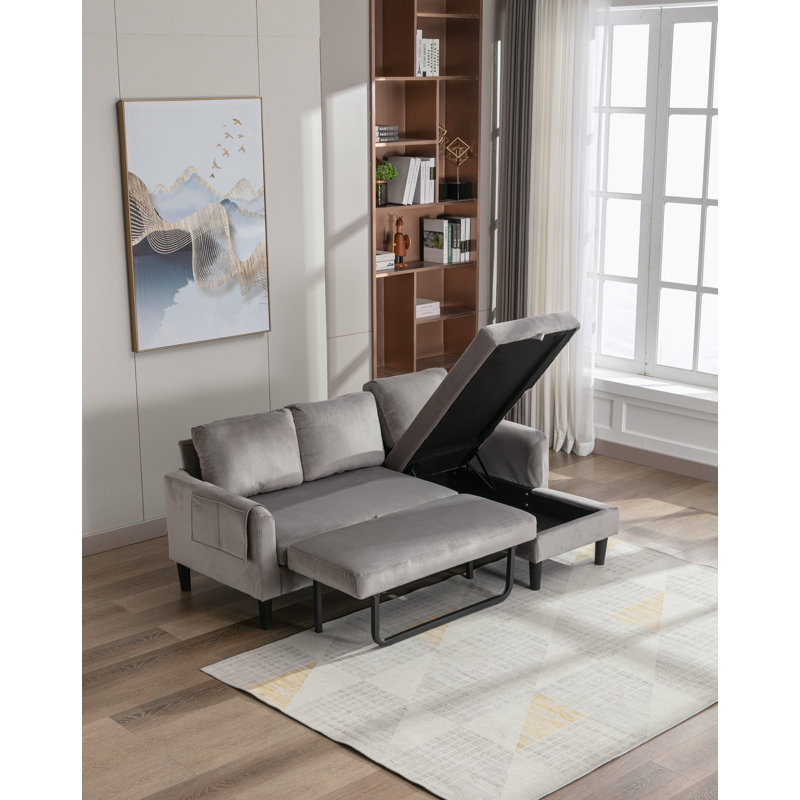 Ermon Upholstered Sofa Reversible Sectional Sleeper with Storage Chaise, Side Pocket, Gray Polyester