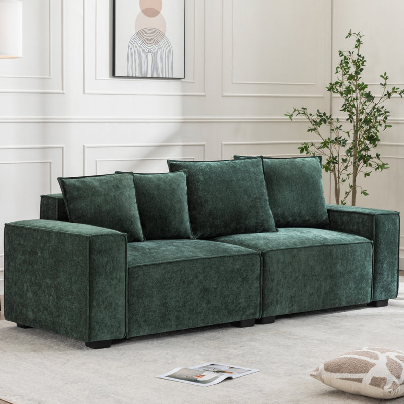 Makassar 89.37' Sofa with Square Armrests, Green Shearling