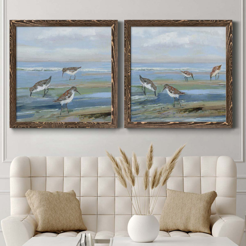 Seabird Beach I - ensemble de 2 peintures sur toile encadrées, Cadre noyer, H 31,5 po x l 63 po x P 1,5 po
