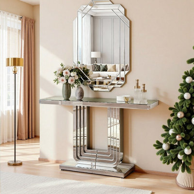 47-Inch Mirrored Console Table With U-Shaped Base & Hand-Spliced Line Design Entryway Table For Living Room Hallway Foyer