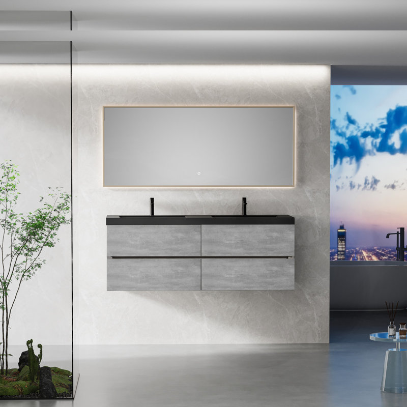 Meuble-lavabo mural flottant avec lavabo, meuble-lavabo mural moderne, 59"